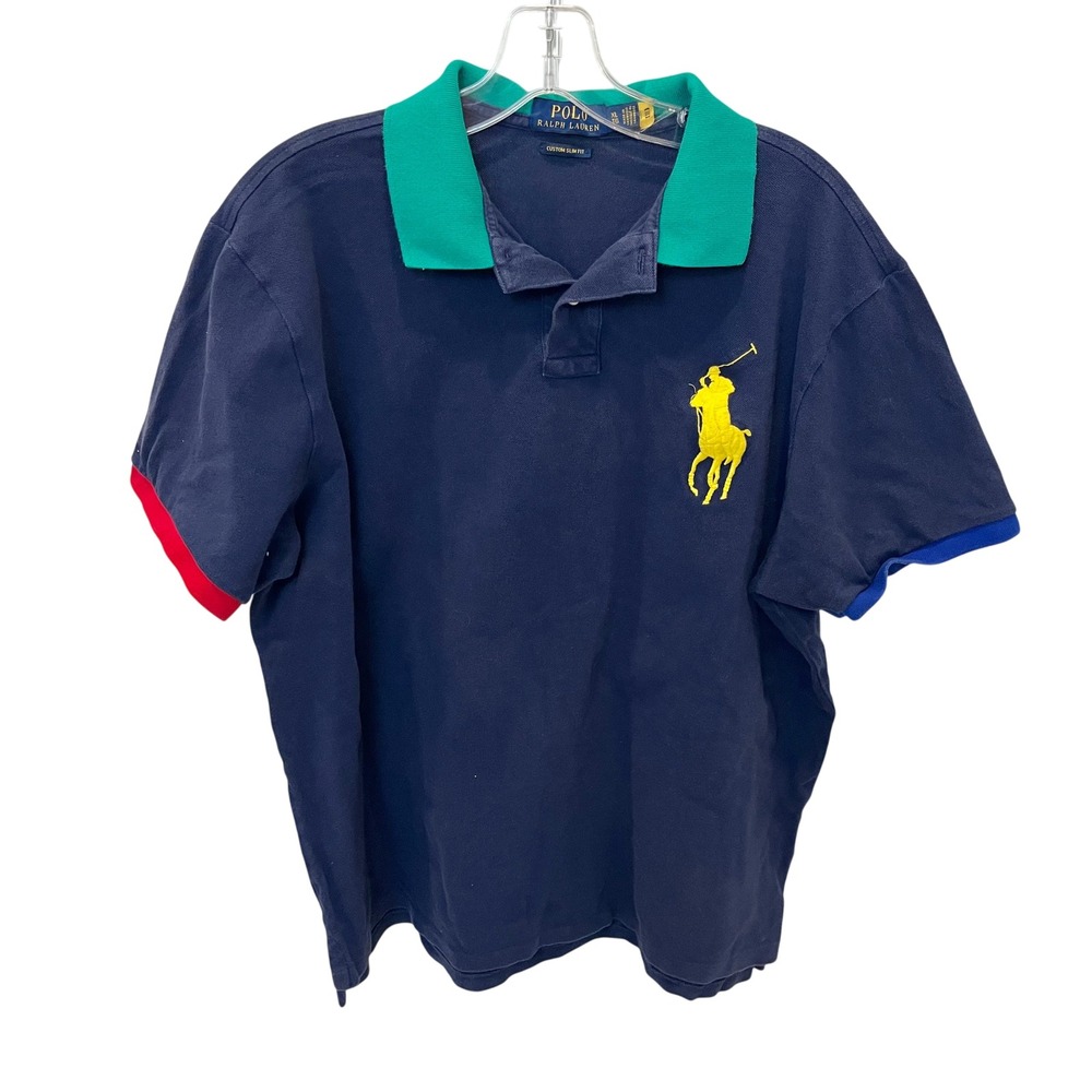 Polo Ralph‎ Lauren Mens Big Pony Colorblock Polo Shirt Navy Custom Slim Fit XL